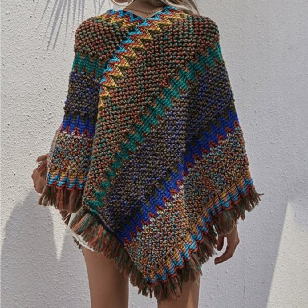 Knit Fringe Hem Poncho Sweater with Chevron Weave - Picture 3 of 7